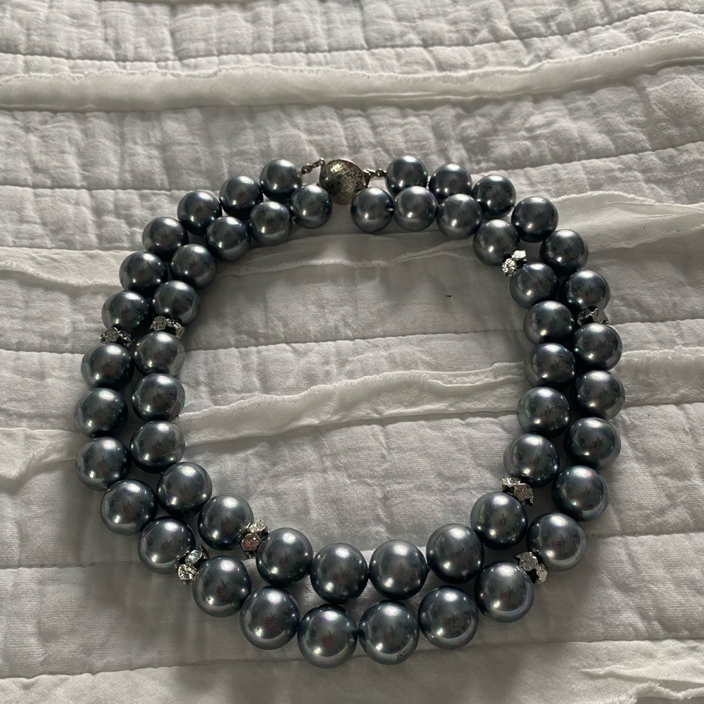 Vintage Bluish-Gray Double Strand Beaded Necklace